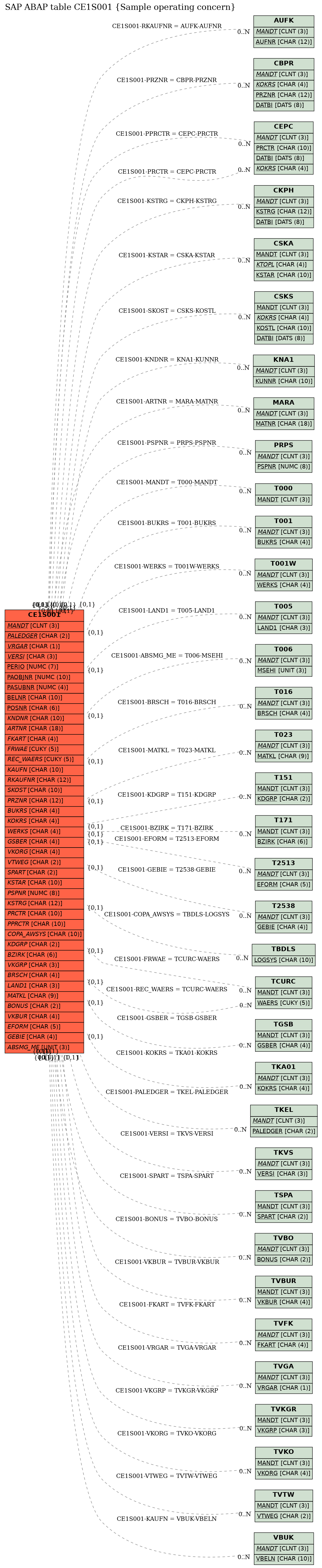 E-R Diagram for table CE1S001 (Sample operating concern)