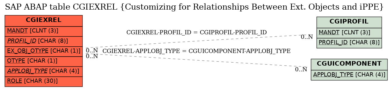 E-R Diagram for table CGIEXREL (Customizing for Relationships Between Ext. Objects and iPPE)