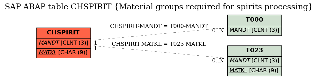 E-R Diagram for table CHSPIRIT (Material groups required for spirits processing)