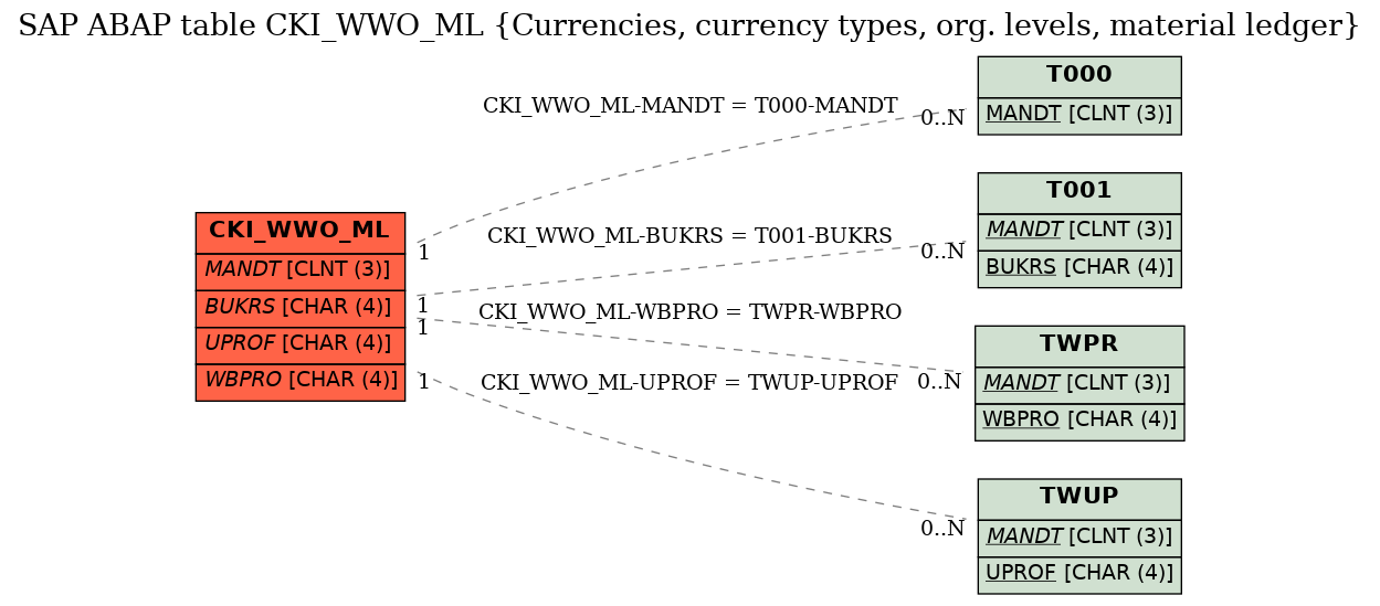 E-R Diagram for table CKI_WWO_ML (Currencies, currency types, org. levels, material ledger)