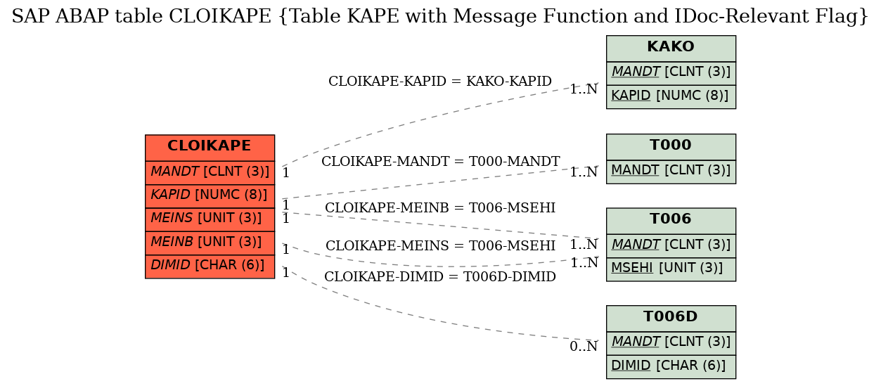 E-R Diagram for table CLOIKAPE (Table KAPE with Message Function and IDoc-Relevant Flag)