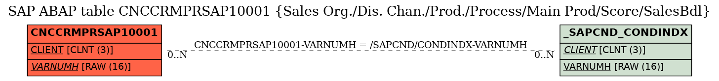 E-R Diagram for table CNCCRMPRSAP10001 (Sales Org./Dis. Chan./Prod./Process/Main Prod/Score/SalesBdl)