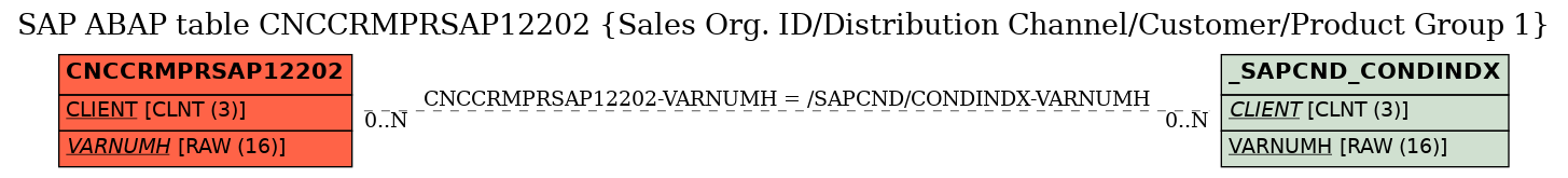 E-R Diagram for table CNCCRMPRSAP12202 (Sales Org. ID/Distribution Channel/Customer/Product Group 1)