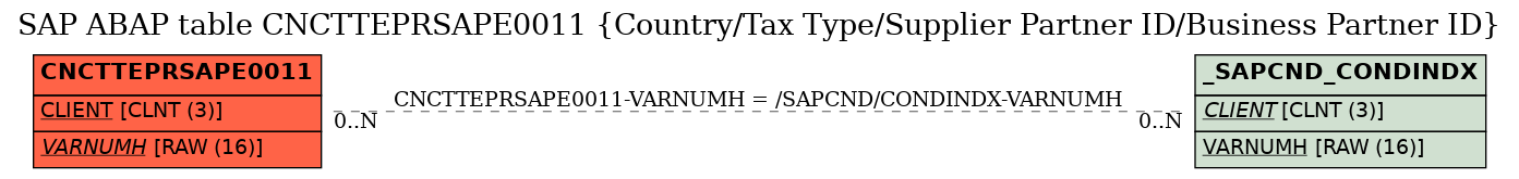 E-R Diagram for table CNCTTEPRSAPE0011 (Country/Tax Type/Supplier Partner ID/Business Partner ID)