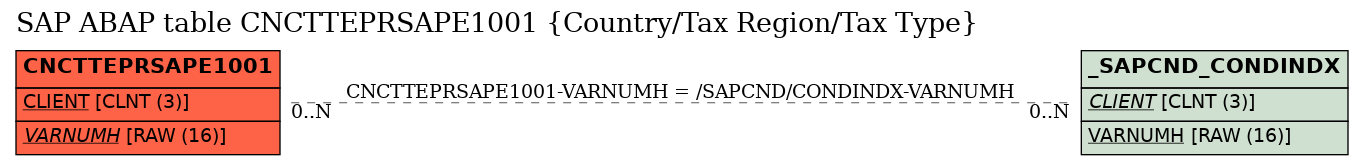 E-R Diagram for table CNCTTEPRSAPE1001 (Country/Tax Region/Tax Type)