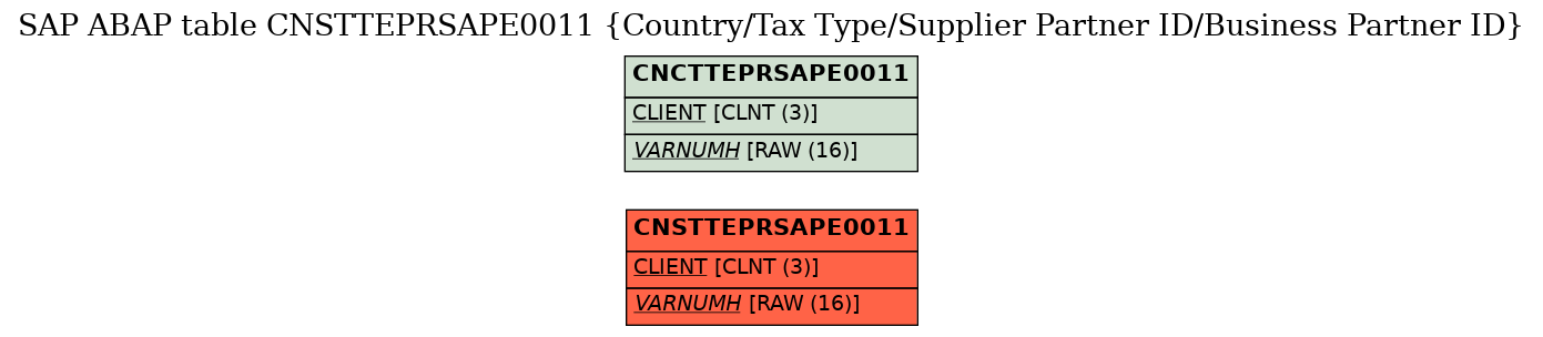 E-R Diagram for table CNSTTEPRSAPE0011 (Country/Tax Type/Supplier Partner ID/Business Partner ID)