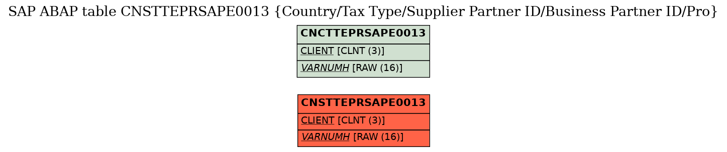 E-R Diagram for table CNSTTEPRSAPE0013 (Country/Tax Type/Supplier Partner ID/Business Partner ID/Pro)