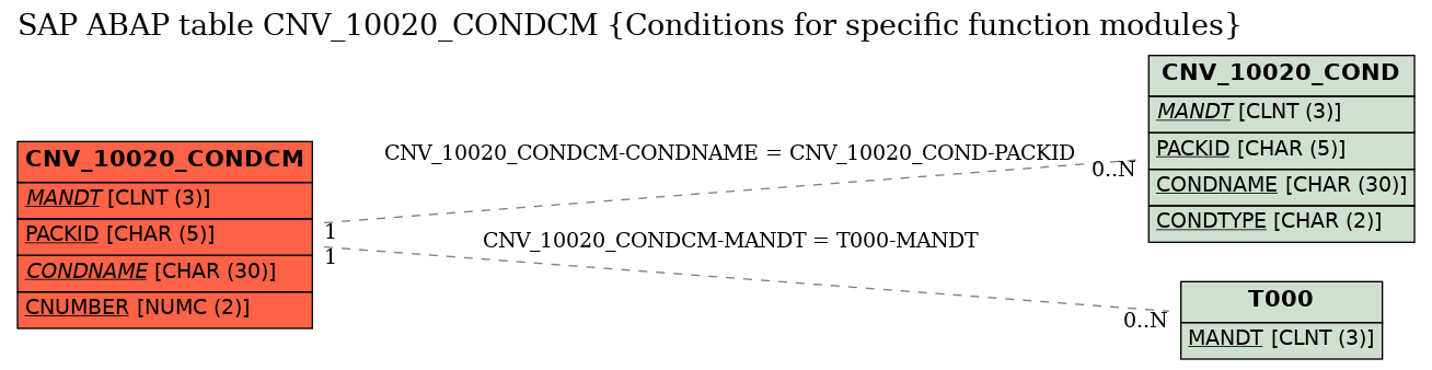 E-R Diagram for table CNV_10020_CONDCM (Conditions for specific function modules)