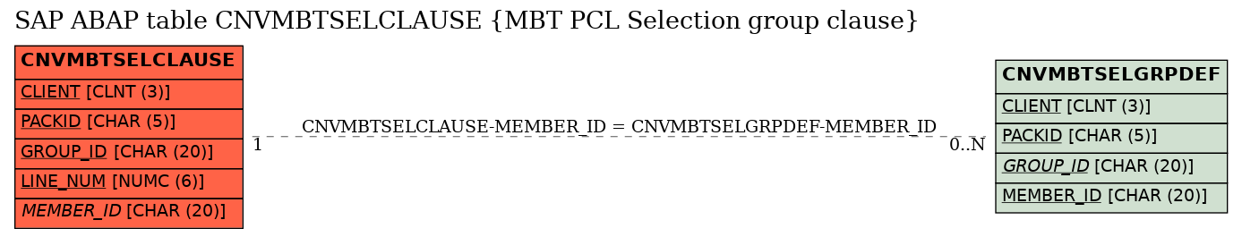 E-R Diagram for table CNVMBTSELCLAUSE (MBT PCL Selection group clause)