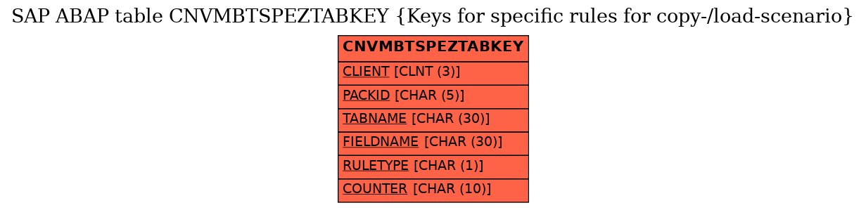 E-R Diagram for table CNVMBTSPEZTABKEY (Keys for specific rules for copy-/load-scenario)