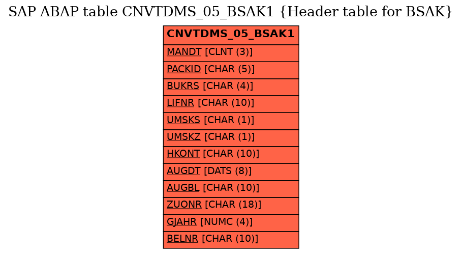 E-R Diagram for table CNVTDMS_05_BSAK1 (Header table for BSAK)