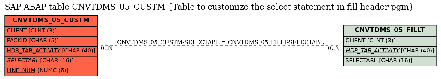 E-R Diagram for table CNVTDMS_05_CUSTM (Table to customize the select statement in fill header pgm)