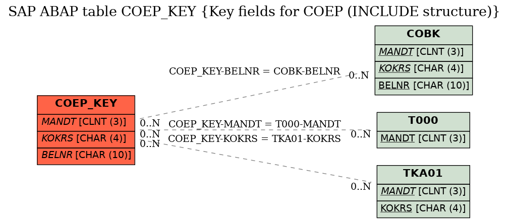 E-R Diagram for table COEP_KEY (Key fields for COEP (INCLUDE structure))