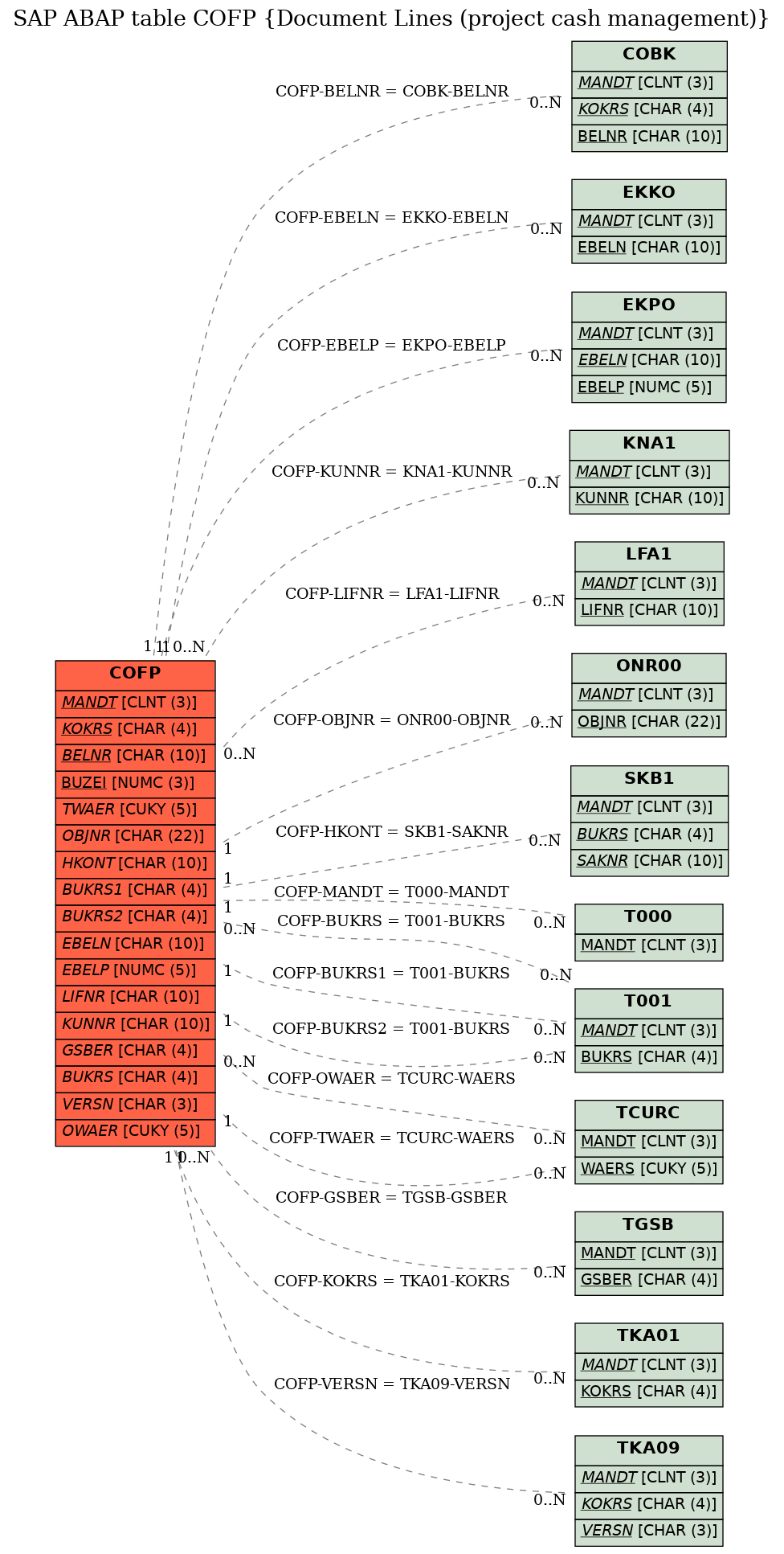 E-R Diagram for table COFP (Document Lines (project cash management))