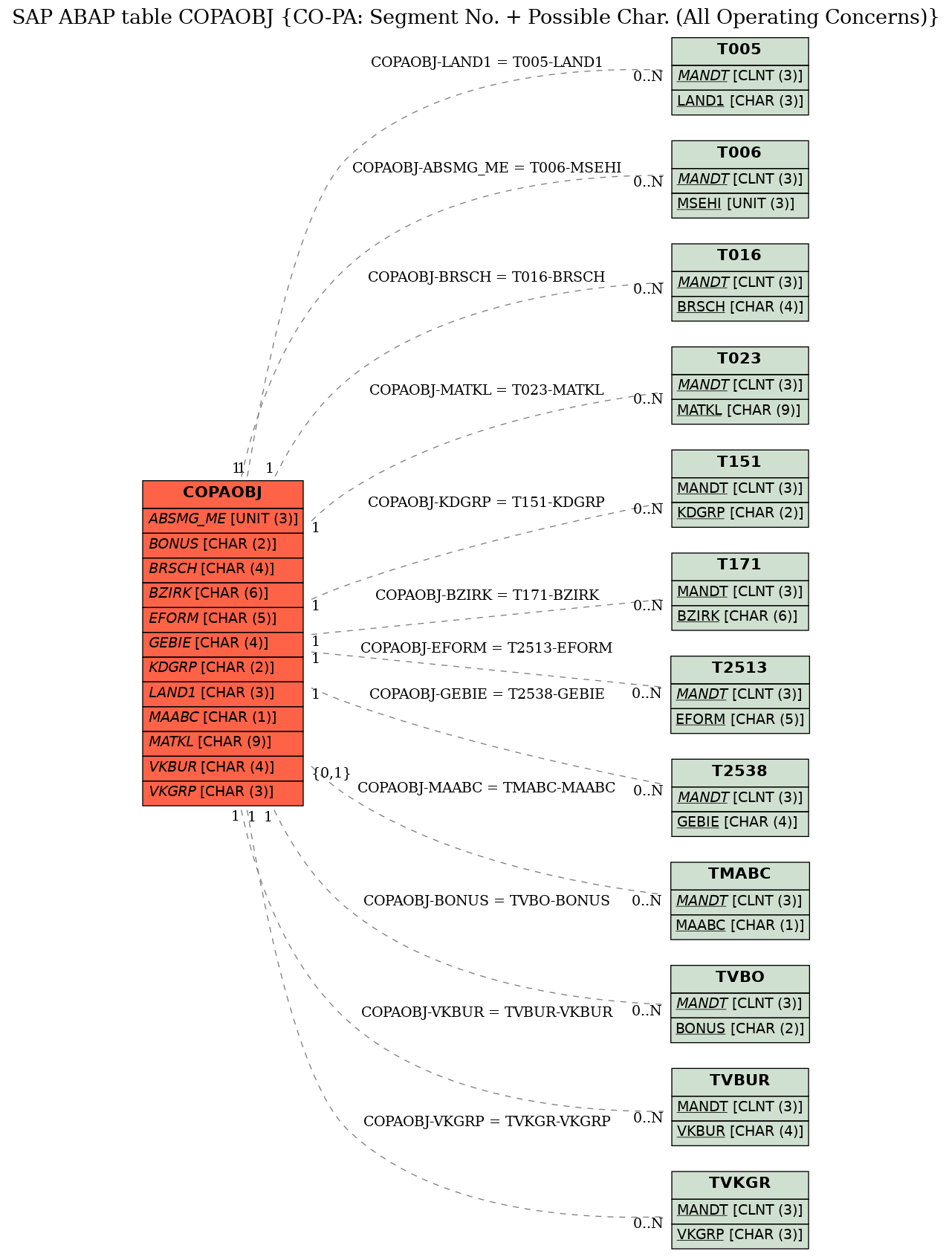 E-R Diagram for table COPAOBJ (CO-PA: Segment No. + Possible Char. (All Operating Concerns))