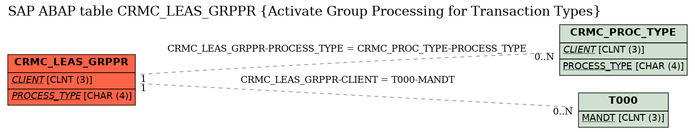 E-R Diagram for table CRMC_LEAS_GRPPR (Activate Group Processing for Transaction Types)