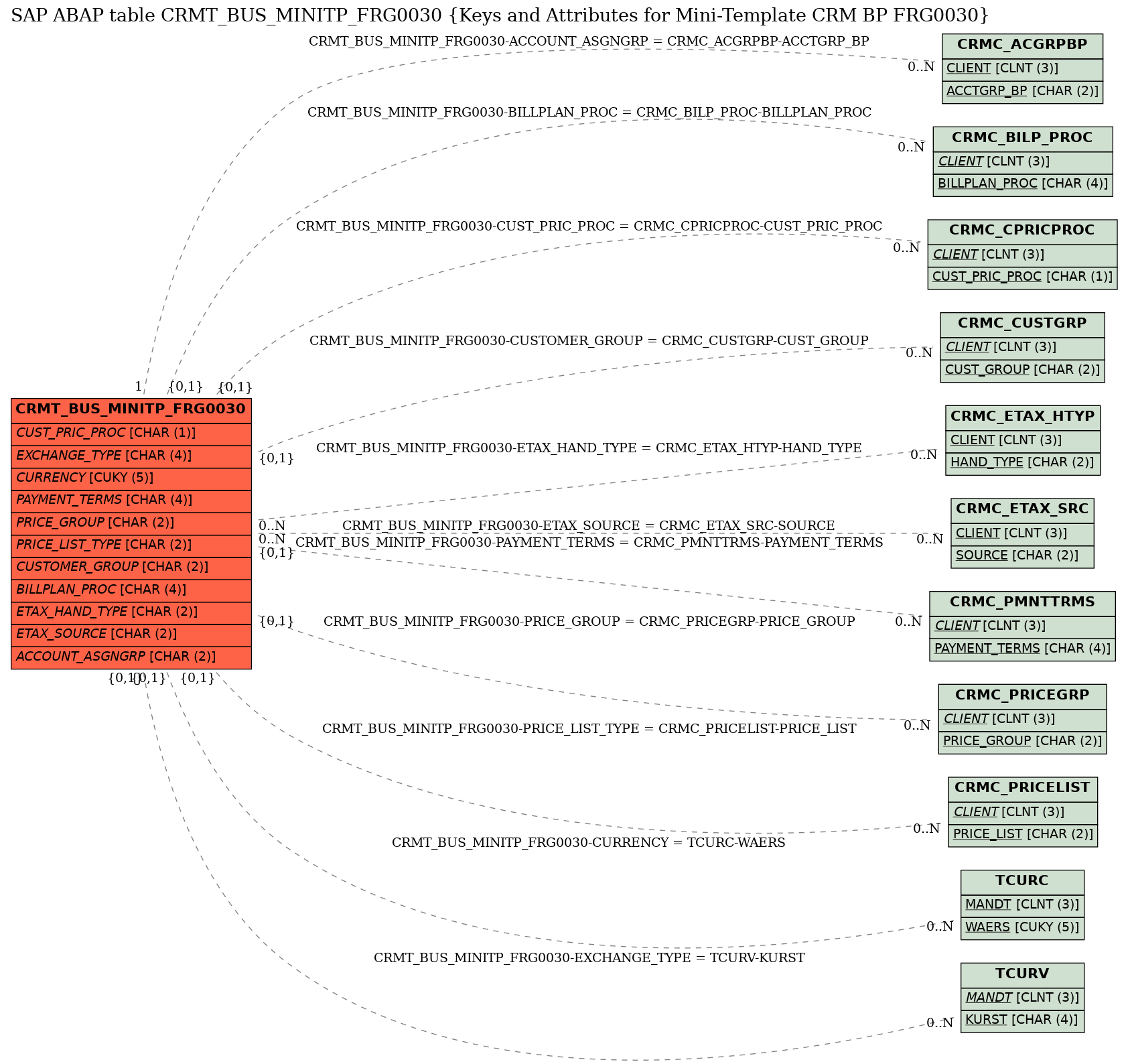 E-R Diagram for table CRMT_BUS_MINITP_FRG0030 (Keys and Attributes for Mini-Template CRM BP FRG0030)