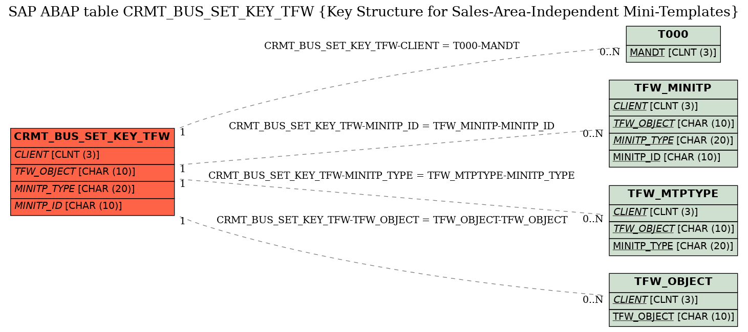E-R Diagram for table CRMT_BUS_SET_KEY_TFW (Key Structure for Sales-Area-Independent Mini-Templates)