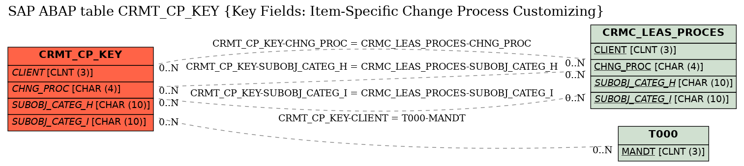E-R Diagram for table CRMT_CP_KEY (Key Fields: Item-Specific Change Process Customizing)