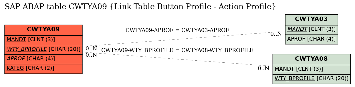 E-R Diagram for table CWTYA09 (Link Table Button Profile - Action Profile)