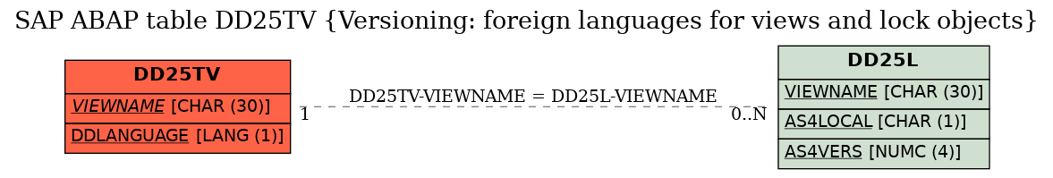 E-R Diagram for table DD25TV (Versioning: foreign languages for views and lock objects)