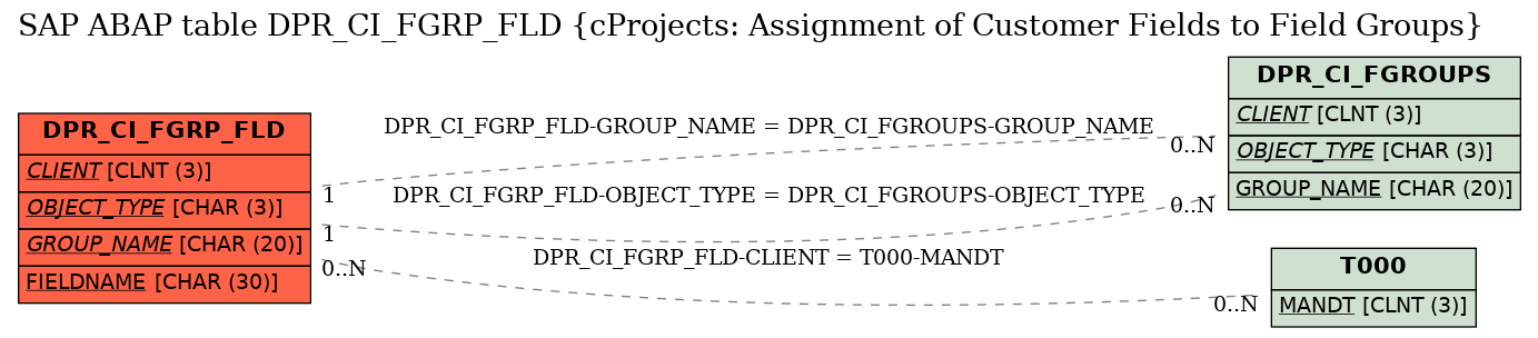 E-R Diagram for table DPR_CI_FGRP_FLD (cProjects: Assignment of Customer Fields to Field Groups)