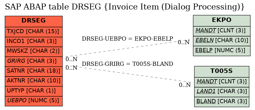 E-R Diagram for table DRSEG (Invoice Item (Dialog Processing))