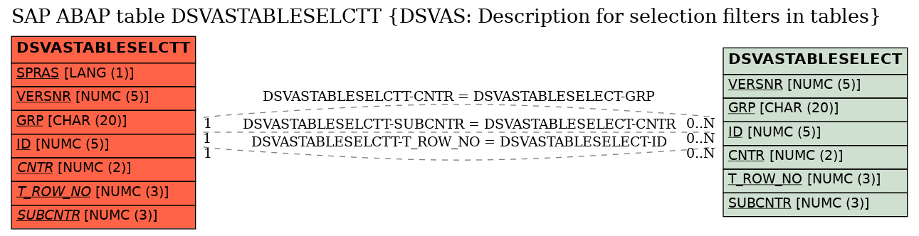 E-R Diagram for table DSVASTABLESELCTT (DSVAS: Description for selection filters in tables)