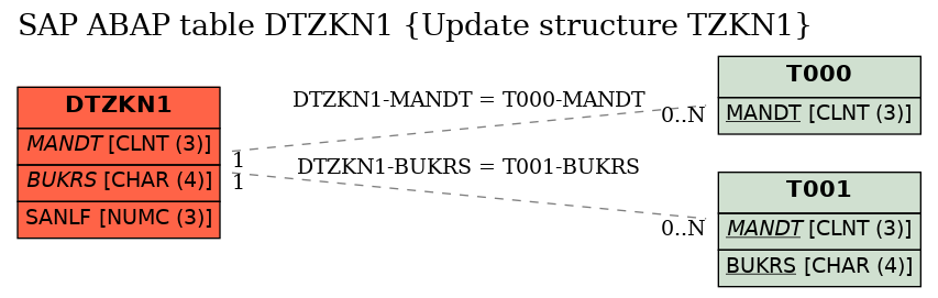 E-R Diagram for table DTZKN1 (Update structure TZKN1)