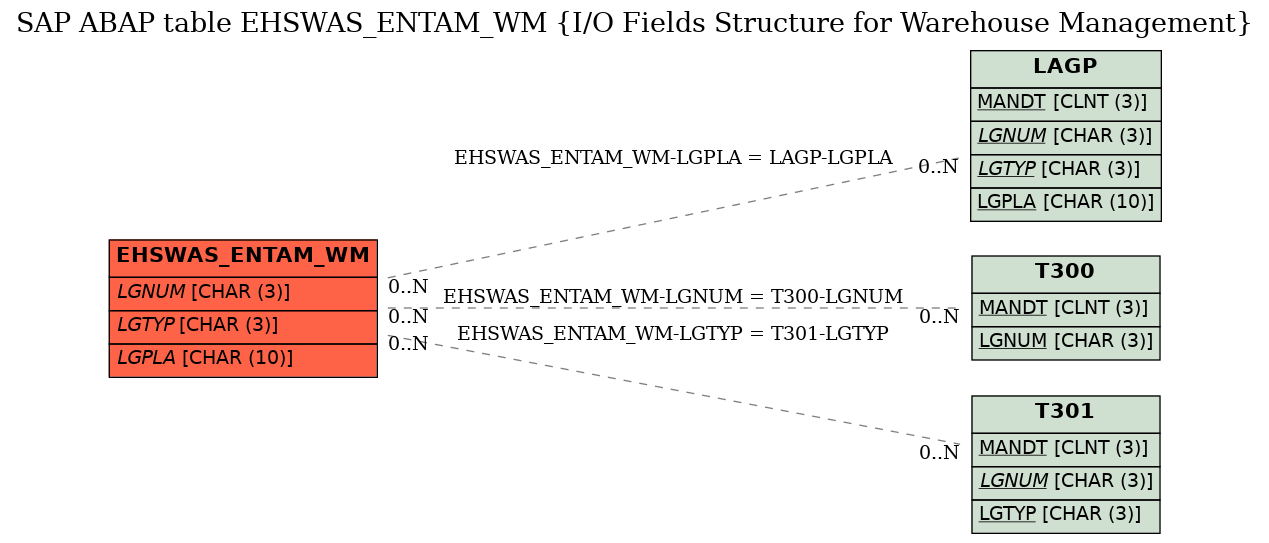 E-R Diagram for table EHSWAS_ENTAM_WM (I/O Fields Structure for Warehouse Management)