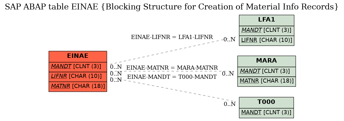 E-R Diagram for table EINAE (Blocking Structure for Creation of Material Info Records)