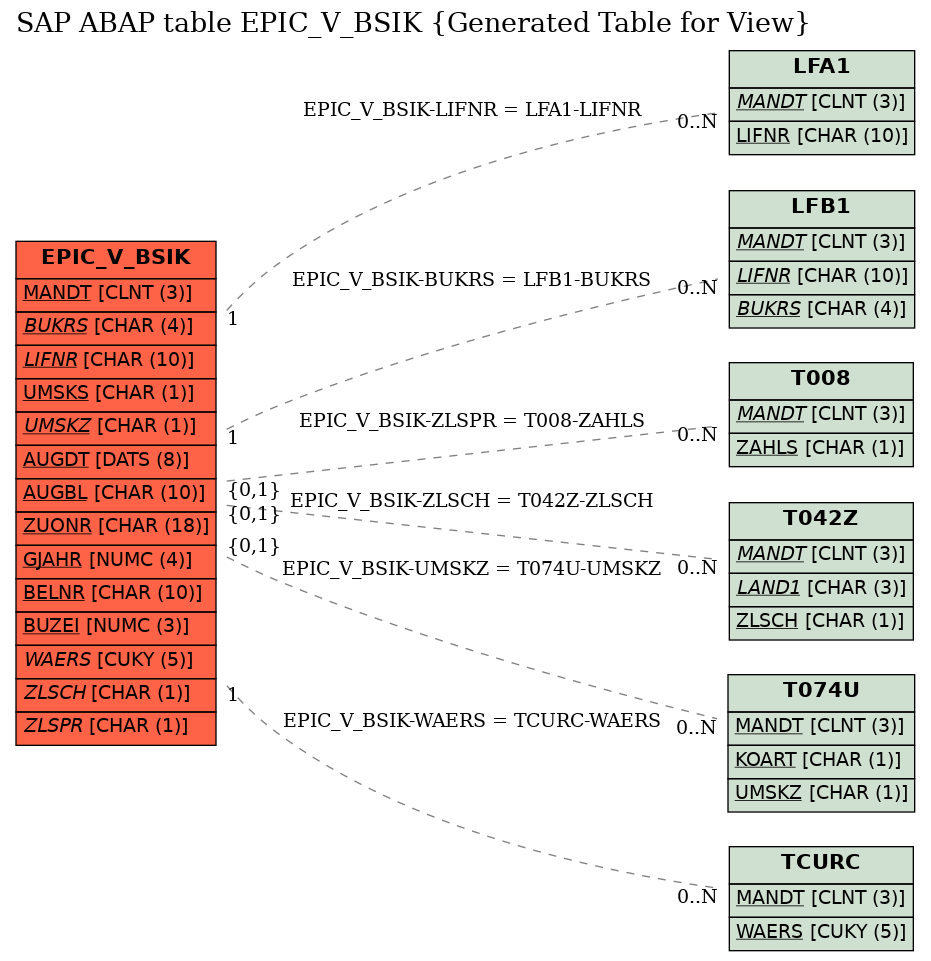 E-R Diagram for table EPIC_V_BSIK (Generated Table for View)
