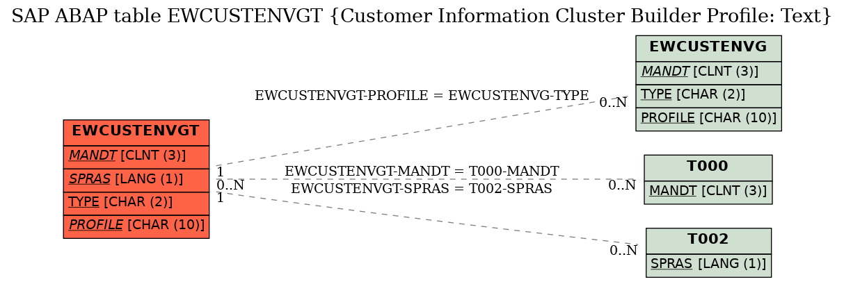 E-R Diagram for table EWCUSTENVGT (Customer Information Cluster Builder Profile: Text)