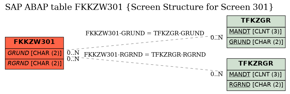 E-R Diagram for table FKKZW301 (Screen Structure for Screen 301)