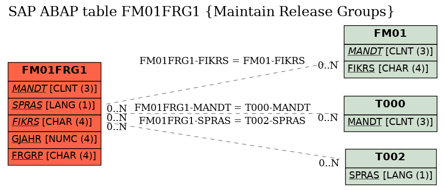 E-R Diagram for table FM01FRG1 (Maintain Release Groups)