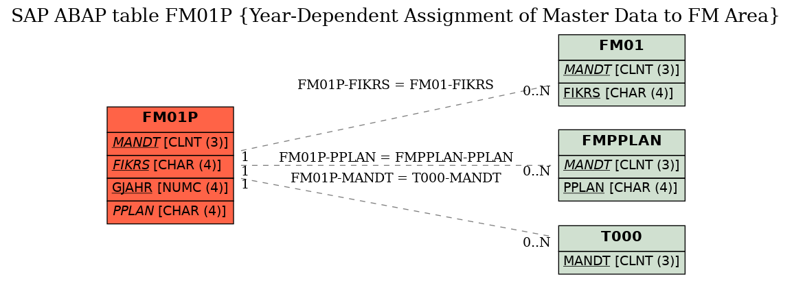 E-R Diagram for table FM01P (Year-Dependent Assignment of Master Data to FM Area)