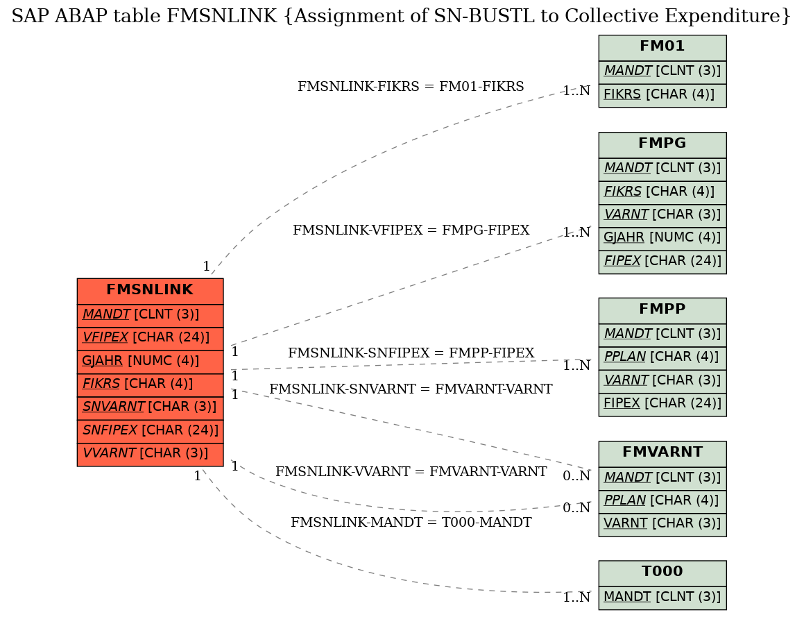 E-R Diagram for table FMSNLINK (Assignment of SN-BUSTL to Collective Expenditure)