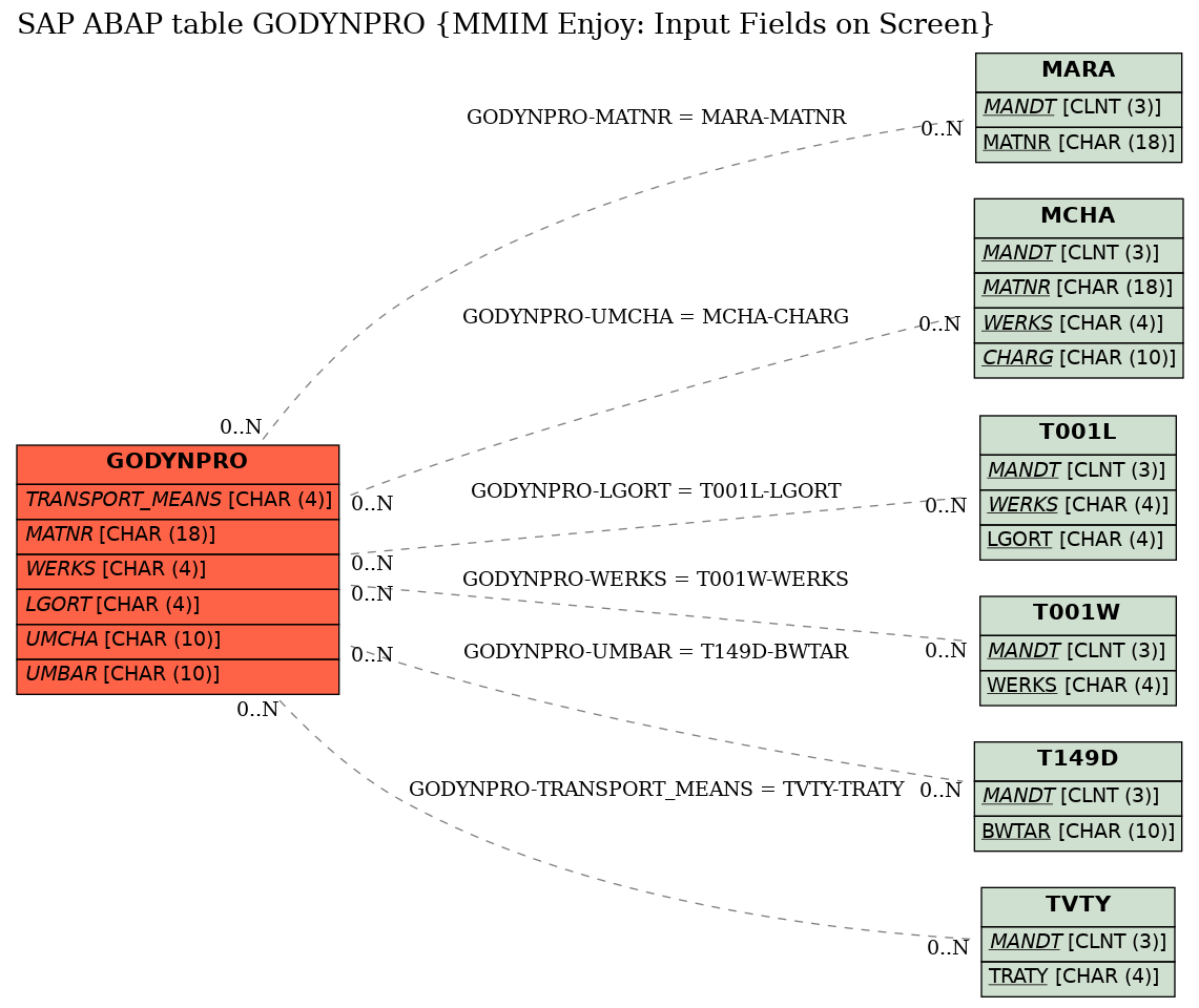 E-R Diagram for table GODYNPRO (MMIM Enjoy: Input Fields on Screen)