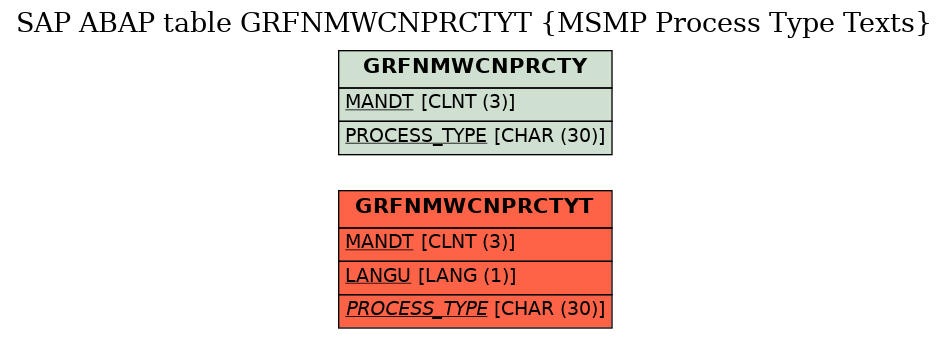 E-R Diagram for table GRFNMWCNPRCTYT (MSMP Process Type Texts)