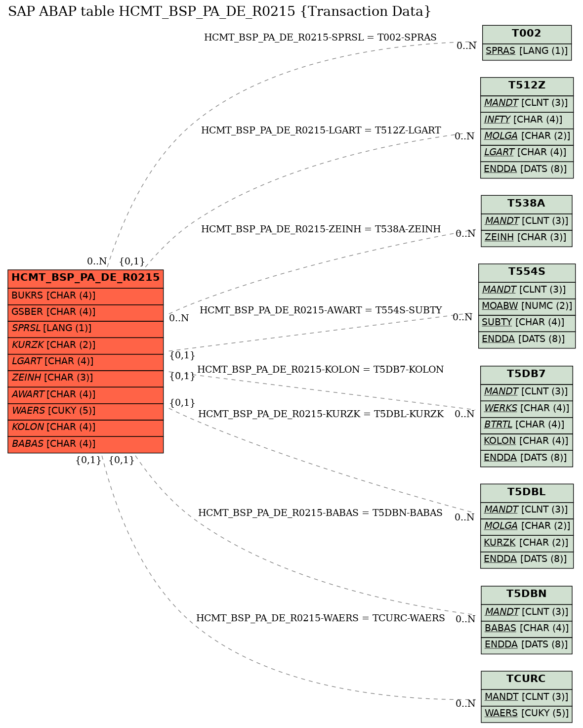 E-R Diagram for table HCMT_BSP_PA_DE_R0215 (Transaction Data)