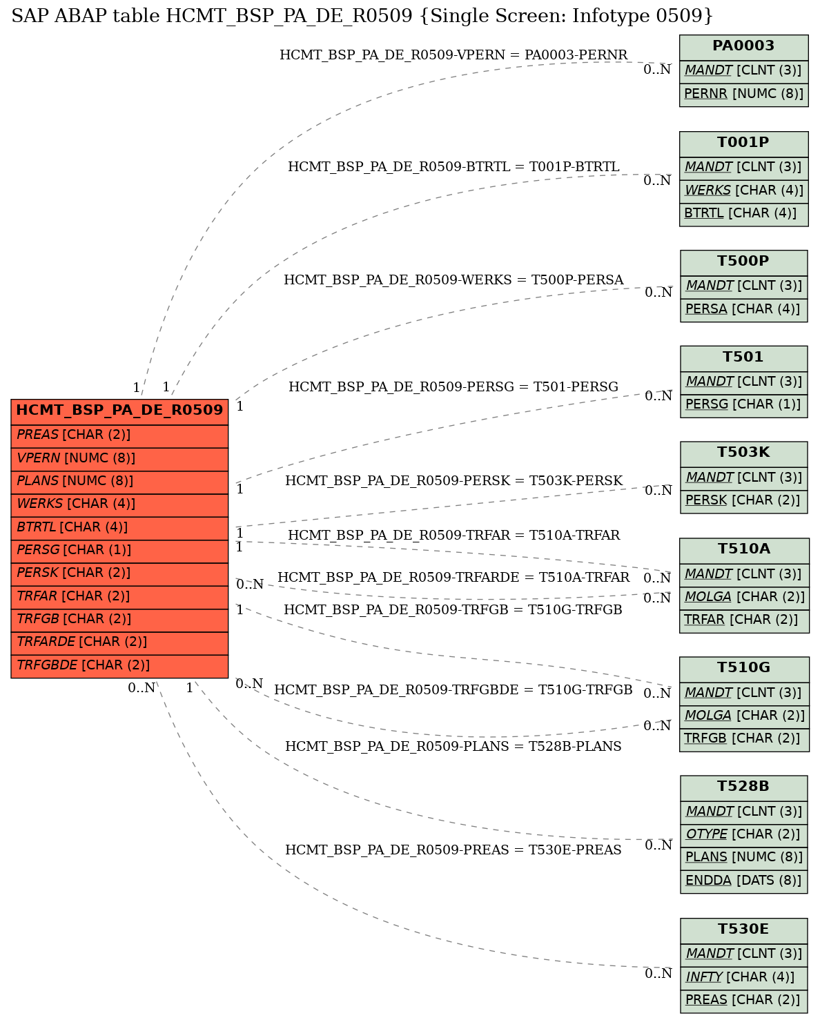 E-R Diagram for table HCMT_BSP_PA_DE_R0509 (Single Screen: Infotype 0509)