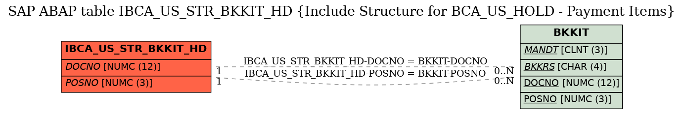 E-R Diagram for table IBCA_US_STR_BKKIT_HD (Include Structure for BCA_US_HOLD - Payment Items)