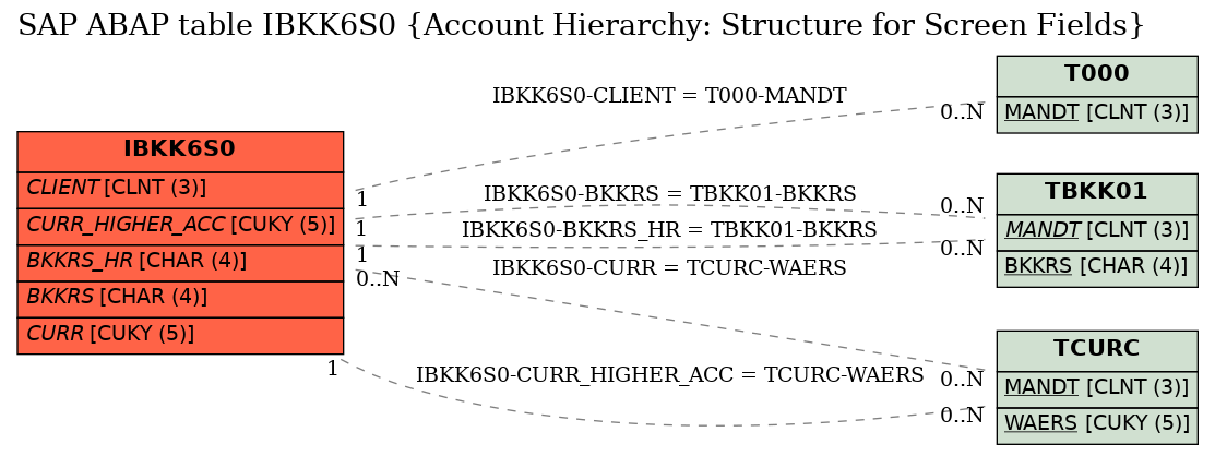 E-R Diagram for table IBKK6S0 (Account Hierarchy: Structure for Screen Fields)