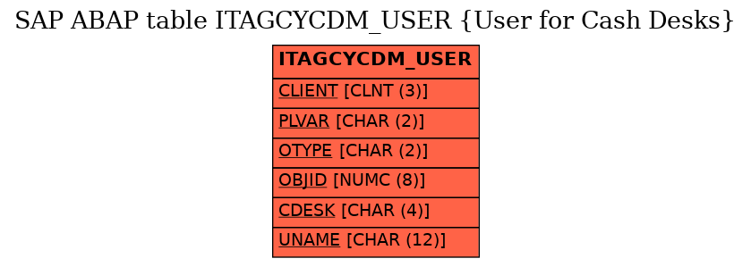 E-R Diagram for table ITAGCYCDM_USER (User for Cash Desks)