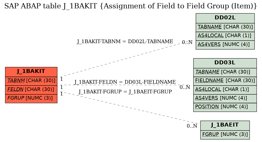 E-R Diagram for table J_1BAKIT (Assignment of Field to Field Group (Item))