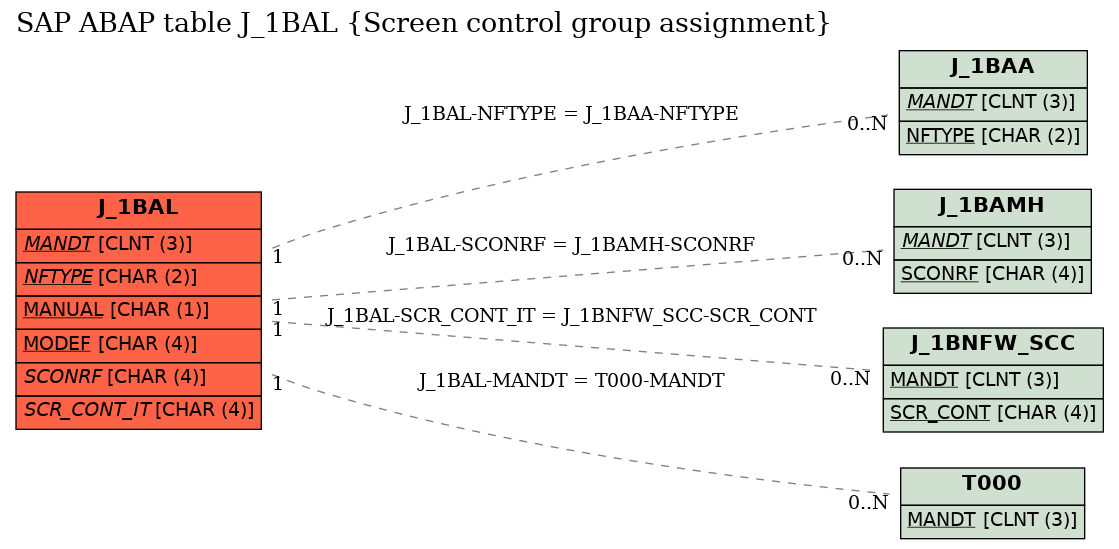 E-R Diagram for table J_1BAL (Screen control group assignment)