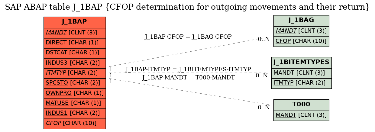 E-R Diagram for table J_1BAP (CFOP determination for outgoing movements and their return)