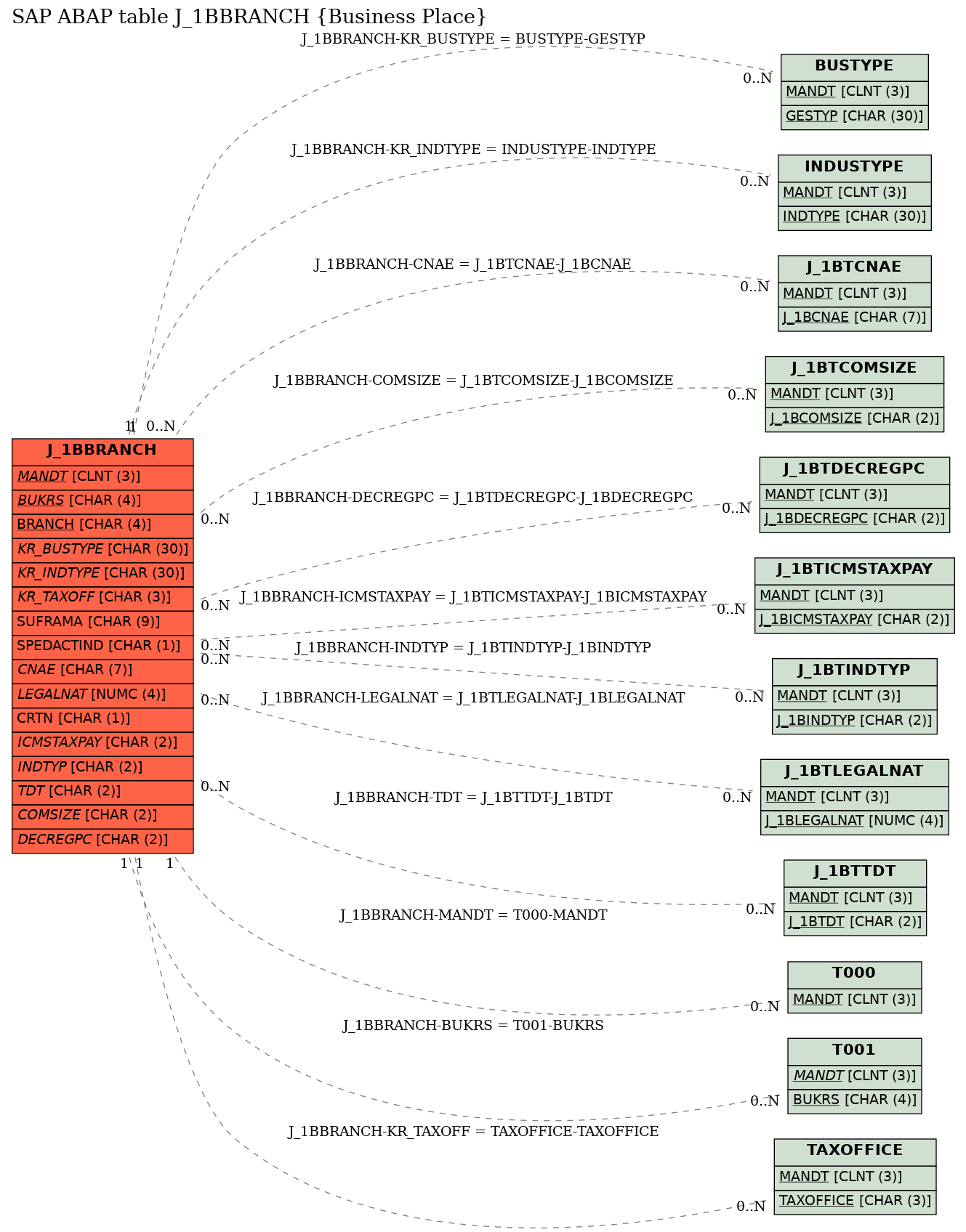 E-R Diagram for table J_1BBRANCH (Business Place)