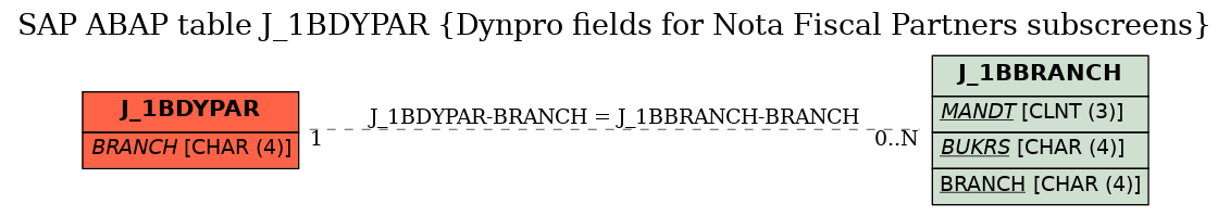 E-R Diagram for table J_1BDYPAR (Dynpro fields for Nota Fiscal Partners subscreens)