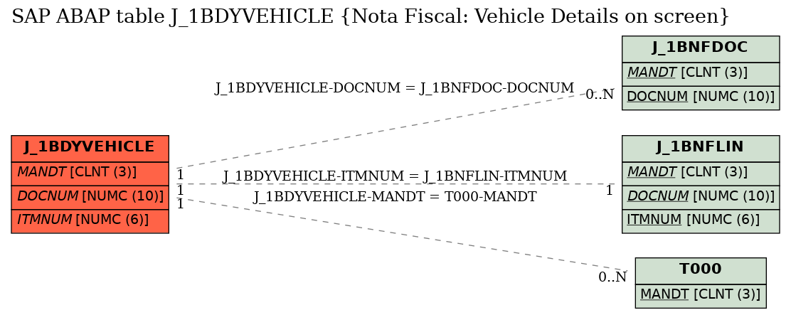 E-R Diagram for table J_1BDYVEHICLE (Nota Fiscal: Vehicle Details on screen)